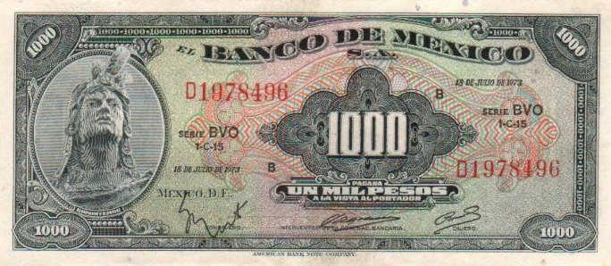 Front of Mexico p52r: 1000 Pesos from 1973