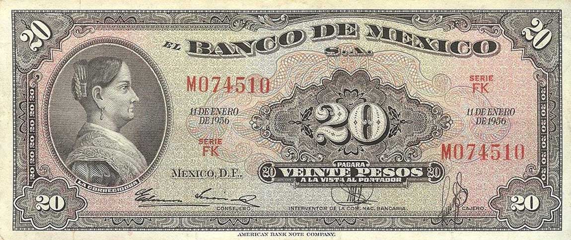 Front of Mexico p54d: 20 Pesos from 1956