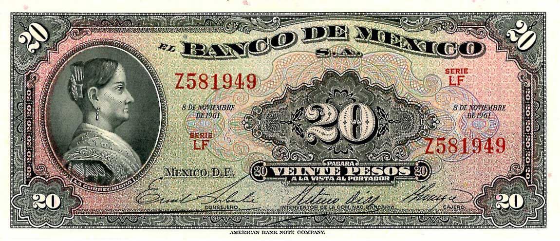 Front of Mexico p54j: 20 Pesos from 1961