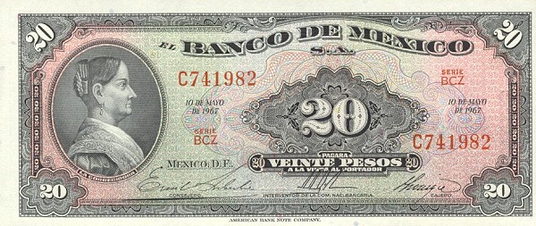 Front of Mexico p54m: 20 Pesos from 1967