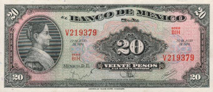 Front of Mexico p54p: 20 Pesos from 1970