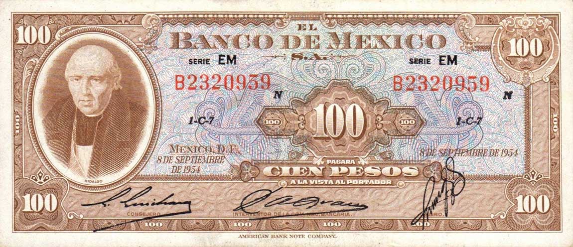 Front of Mexico p55d: 100 Pesos from 1954