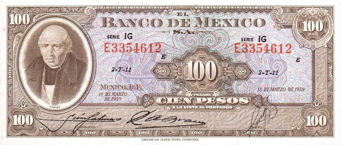 Front of Mexico p55h: 100 Pesos from 1959