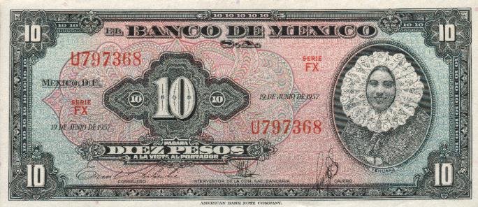 Front of Mexico p58c: 10 Pesos from 1957