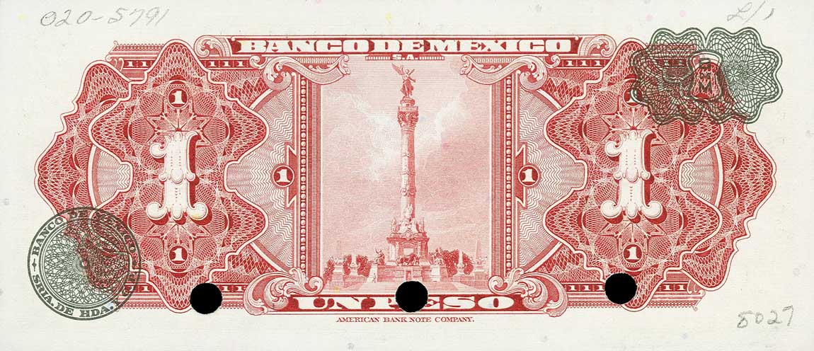 Back of Mexico p59s: 1 Peso from 1957