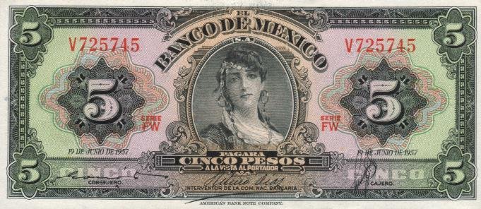 Front of Mexico p60a: 5 Pesos from 1957