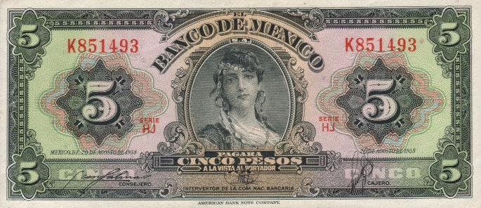 Front of Mexico p60c: 5 Pesos from 1958