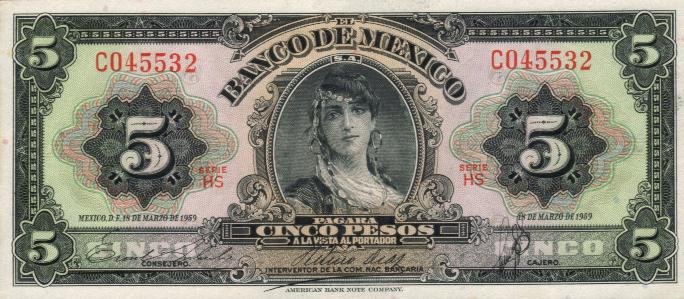 Front of Mexico p60d: 5 Pesos from 1959