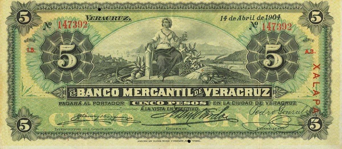 Front of Mexico pS437f: 5 Pesos from 1898
