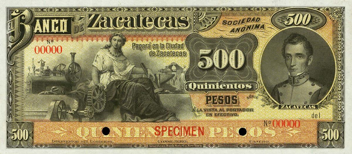 Front of Mexico pS480s: 500 Pesos from 1891