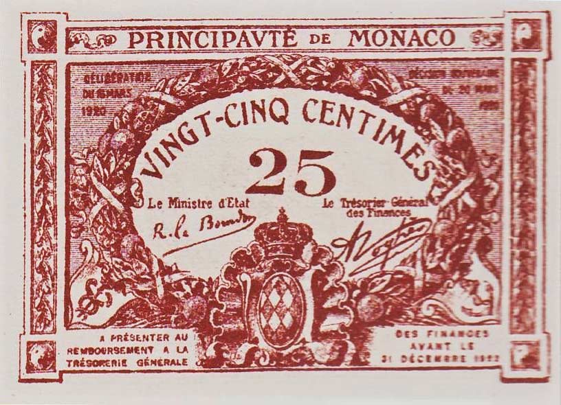 Front of Monaco p1a: 25 Centimes from 1920