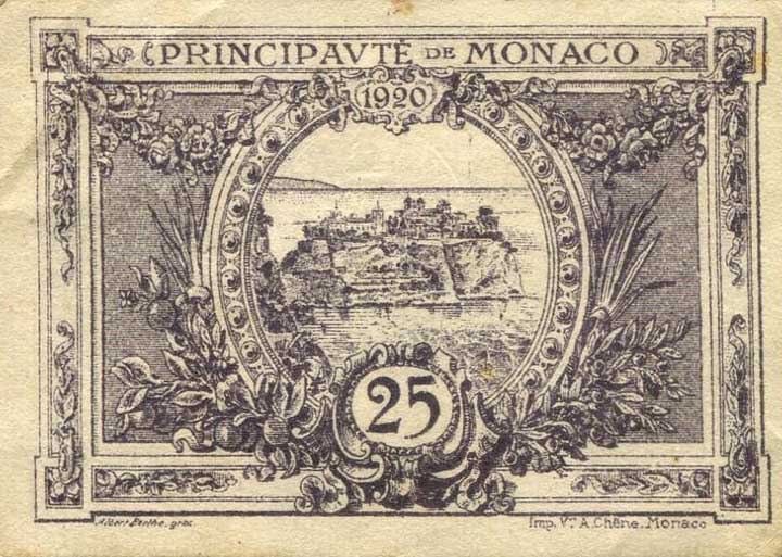 Back of Monaco p2a: 25 Centimes from 1921