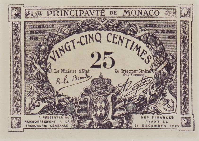Front of Monaco p2b: 25 Centimes from 1921