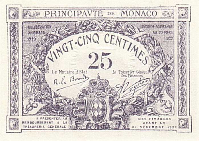 Front of Monaco p2c: 25 Centimes from 1921