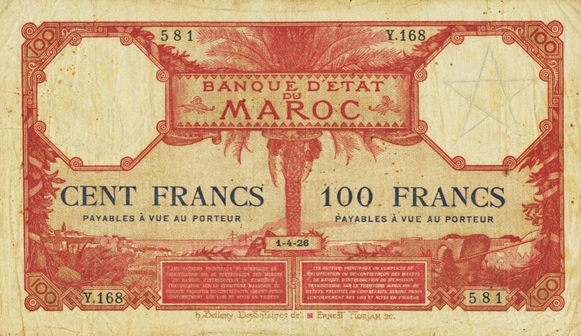 Front of Morocco p14a: 100 Francs from 1919