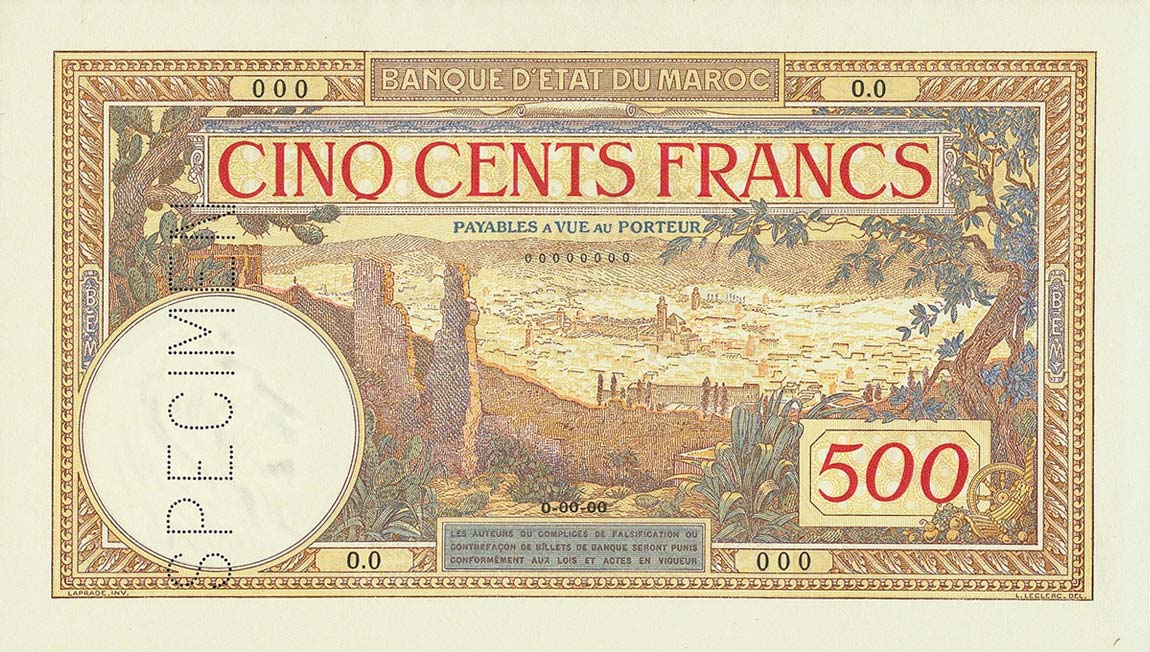 Front of Morocco p15s: 500 Francs from 1923