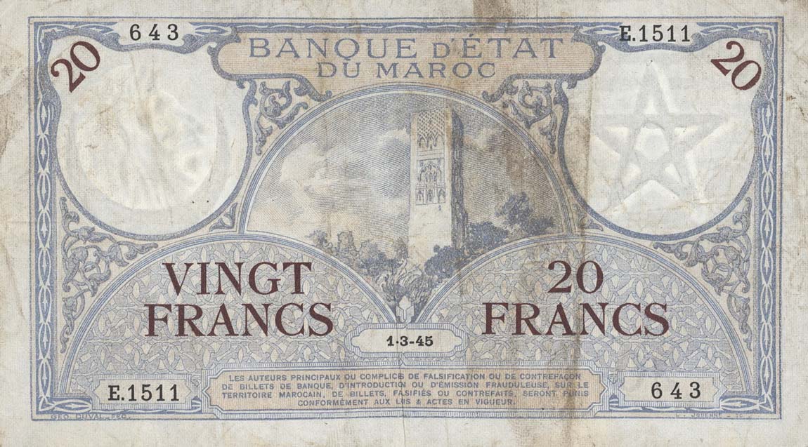 Front of Morocco p18b: 20 Francs from 1941