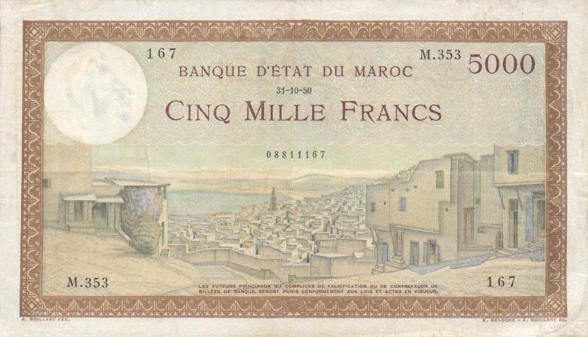 Front of Morocco p23c: 5000 Francs from 1945