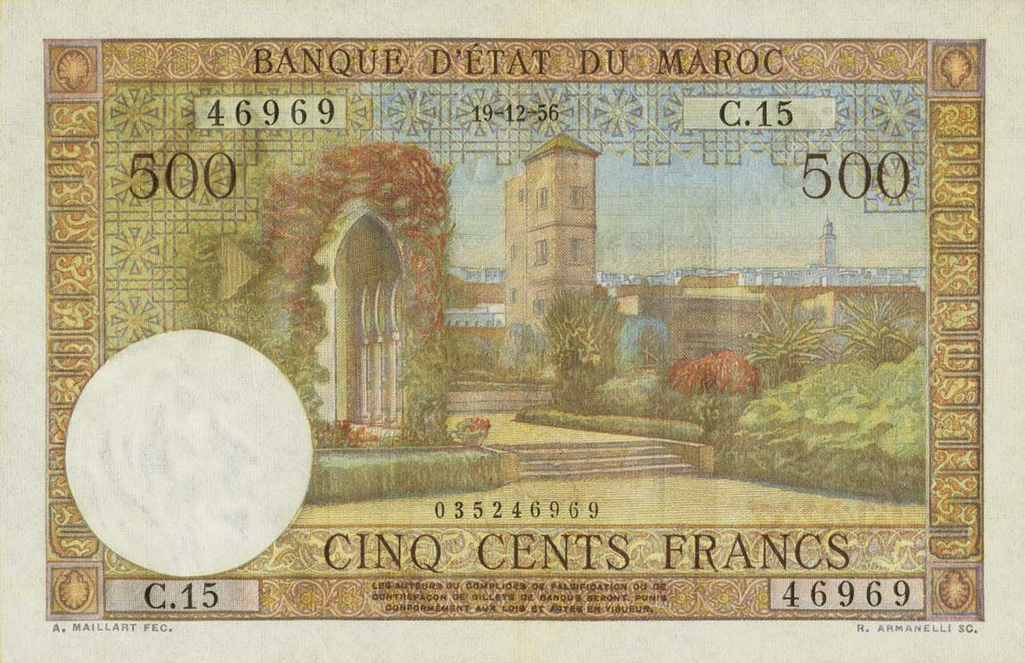 Front of Morocco p46a: 500 Francs from 1949