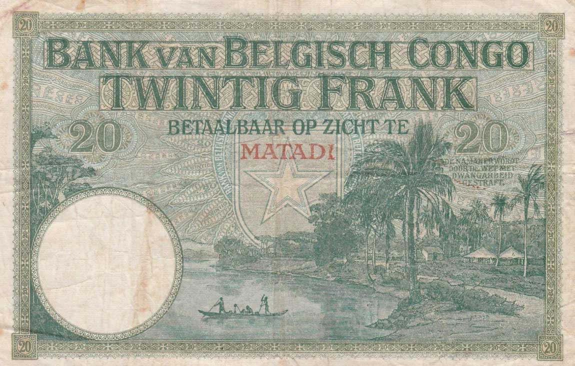 Back of Belgian Congo p10d: 20 Francs from 1912