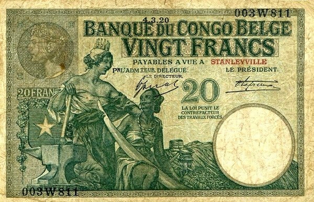 Front of Belgian Congo p10e: 20 Francs from 1912