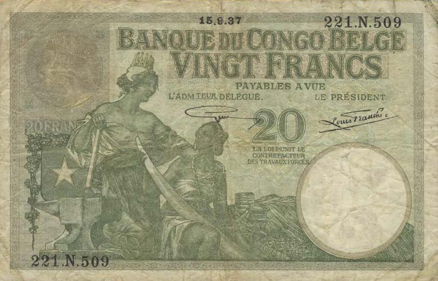 Front of Belgian Congo p10f: 20 Francs from 1929