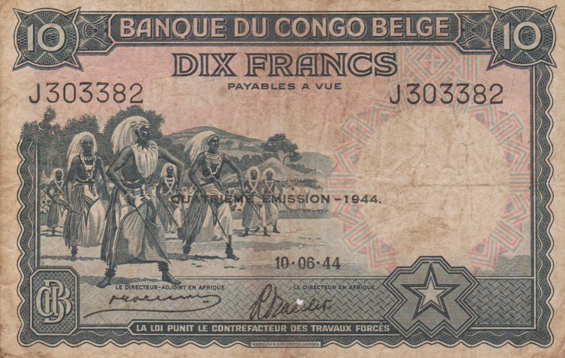 Front of Belgian Congo p14D: 10 Francs from 1944