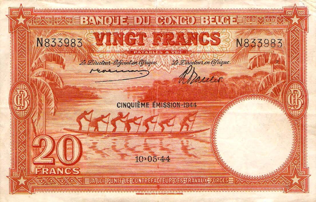 Front of Belgian Congo p15D: 20 Francs from 1944