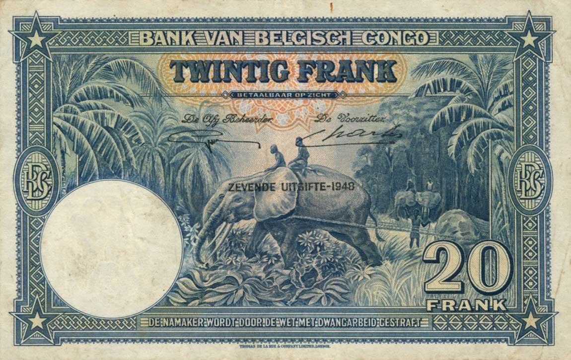 Back of Belgian Congo p15F: 20 Francs from 1948