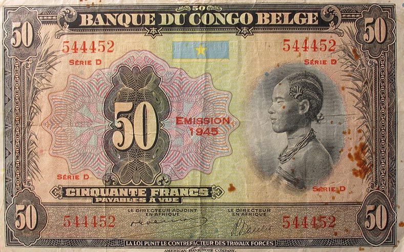 Front of Belgian Congo p16c: 50 Francs from 1945