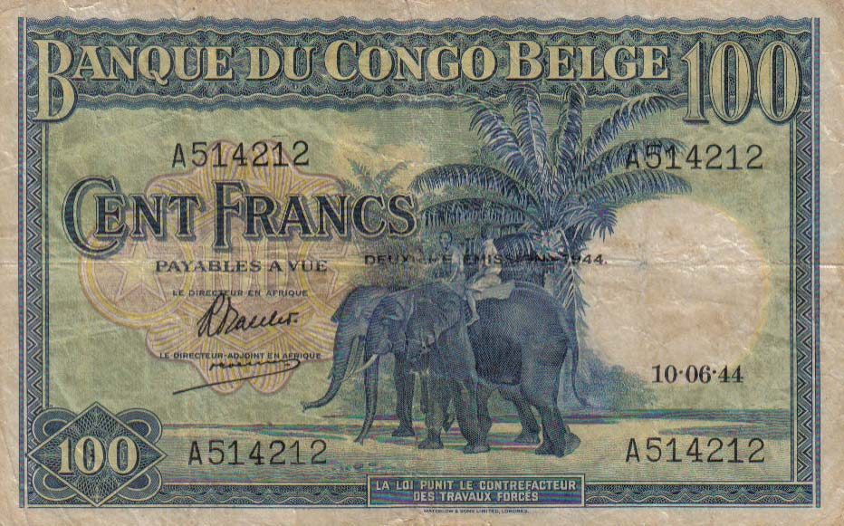 Front of Belgian Congo p17b: 100 Francs from 1944