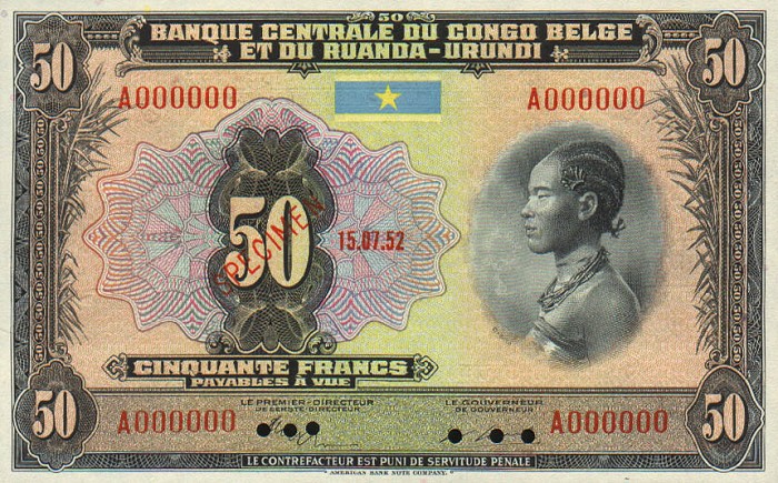 Front of Belgian Congo p24s: 50 Francs from 1952