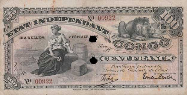 Front of Belgian Congo p2b: 100 Francs from 1896