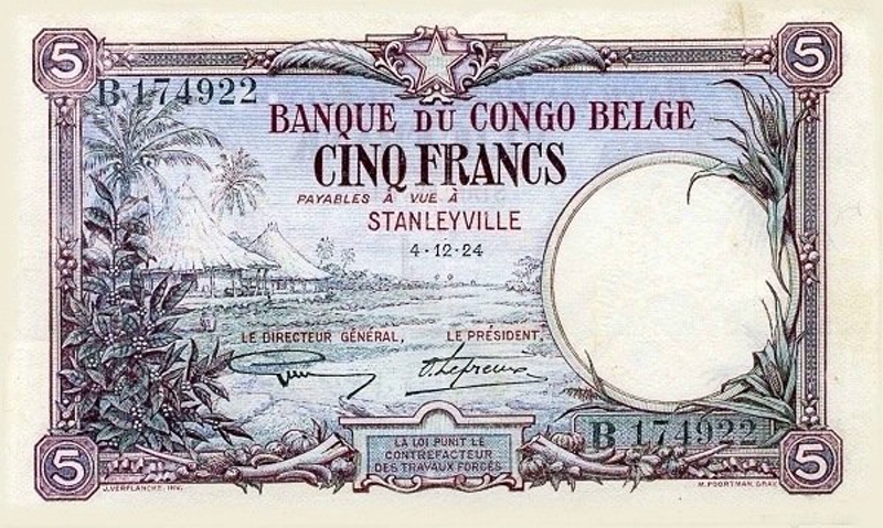 Front of Belgian Congo p8d: 5 Francs from 1924