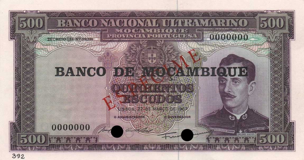 Front of Mozambique p118s: 500 Escudos from 1976