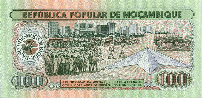 Back of Mozambique p130a: 100 Meticas from 1983