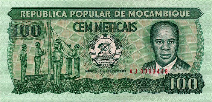 Front of Mozambique p130a: 100 Meticas from 1983