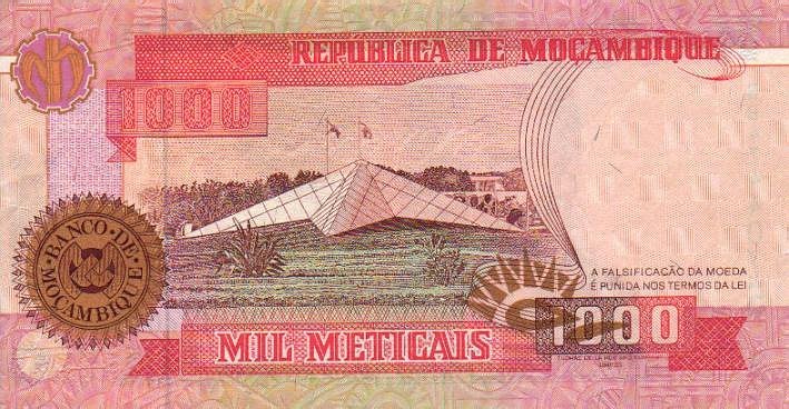Back of Mozambique p135: 1000 Meticas from 1991
