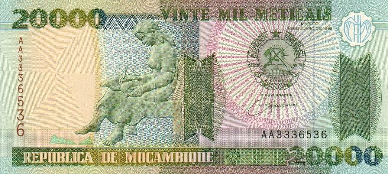 Front of Mozambique p140a: 20000 Meticas from 1999