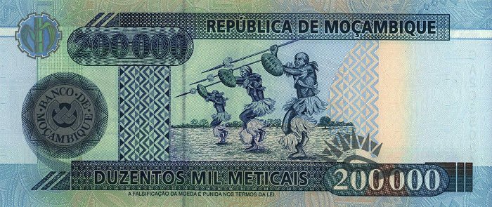 Back of Mozambique p141: 200000 Meticas from 2003