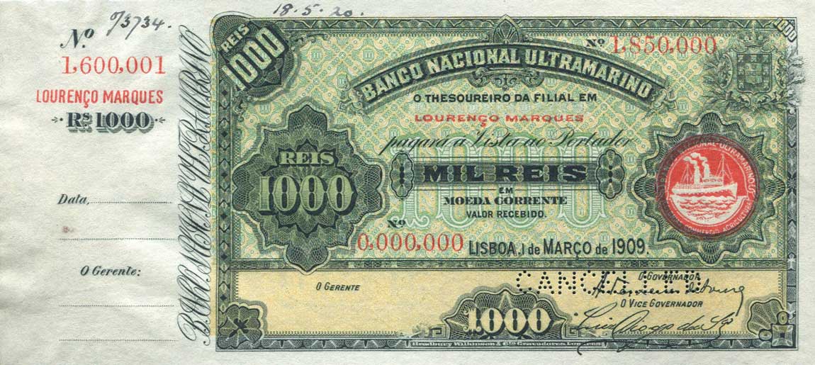 Front of Mozambique p33s: 1000 Reis from 1909