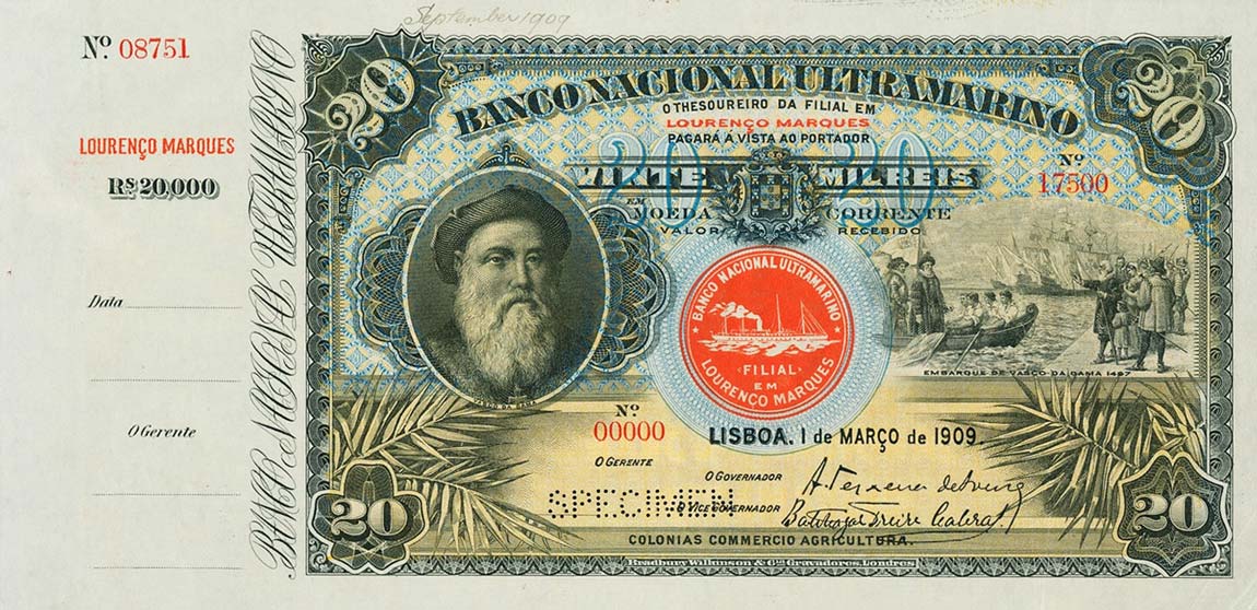 Front of Mozambique p40s: 20000 Reis from 1909