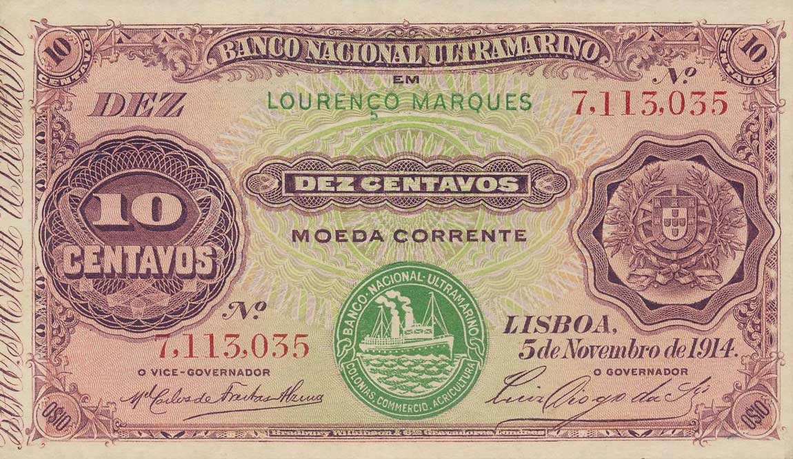 Front of Mozambique p56: 10 Centavos from 1914