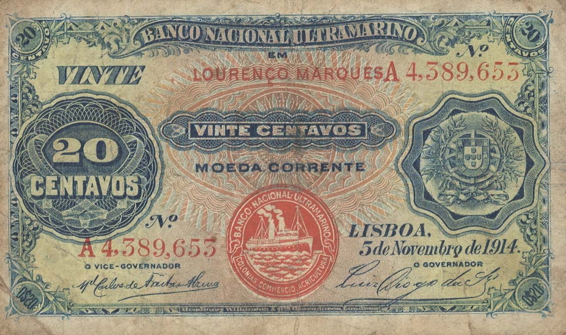 Front of Mozambique p57: 20 Centavos from 1914