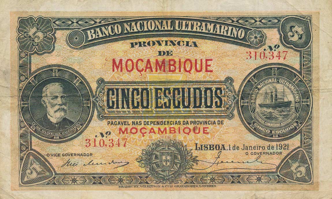 Front of Mozambique p68b: 5 Escudos from 1921