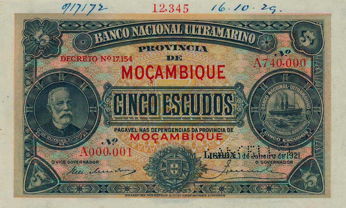 Front of Mozambique p68s: 5 Escudos from 1921