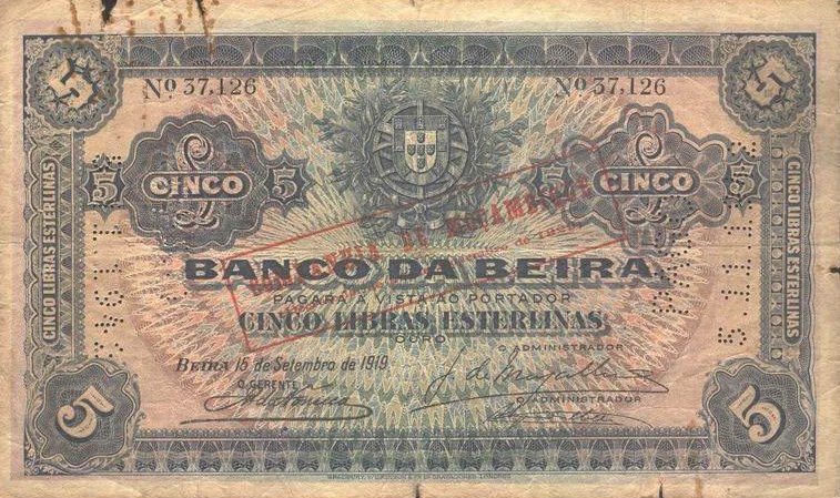 Front of Mozambique pR21: 5 Libras from 1919