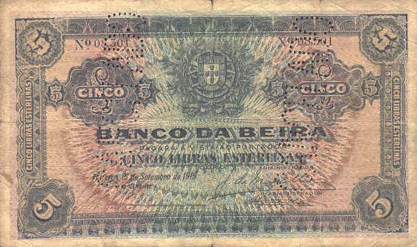 Front of Mozambique pR8a: 5 Libras from 1919