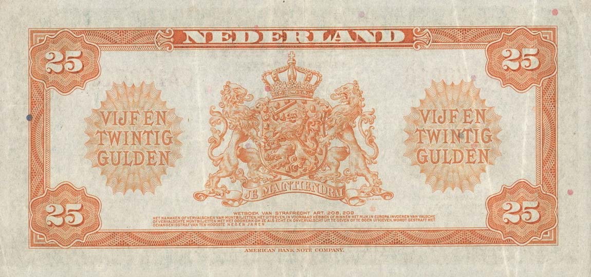 Back of Netherlands p67a: 25 Gulden from 1943