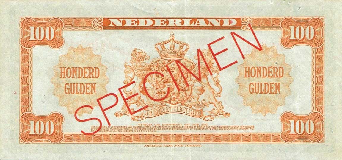 Back of Netherlands p69s: 100 Gulden from 1943
